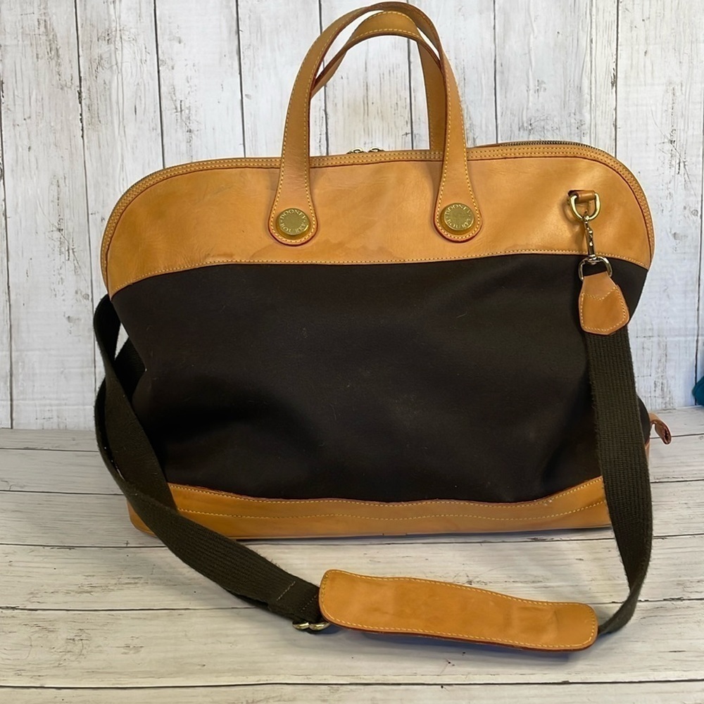 Dooney & Bourke Vintage Unisex Black Fabric and Tan Leather Cabriolet Weekender